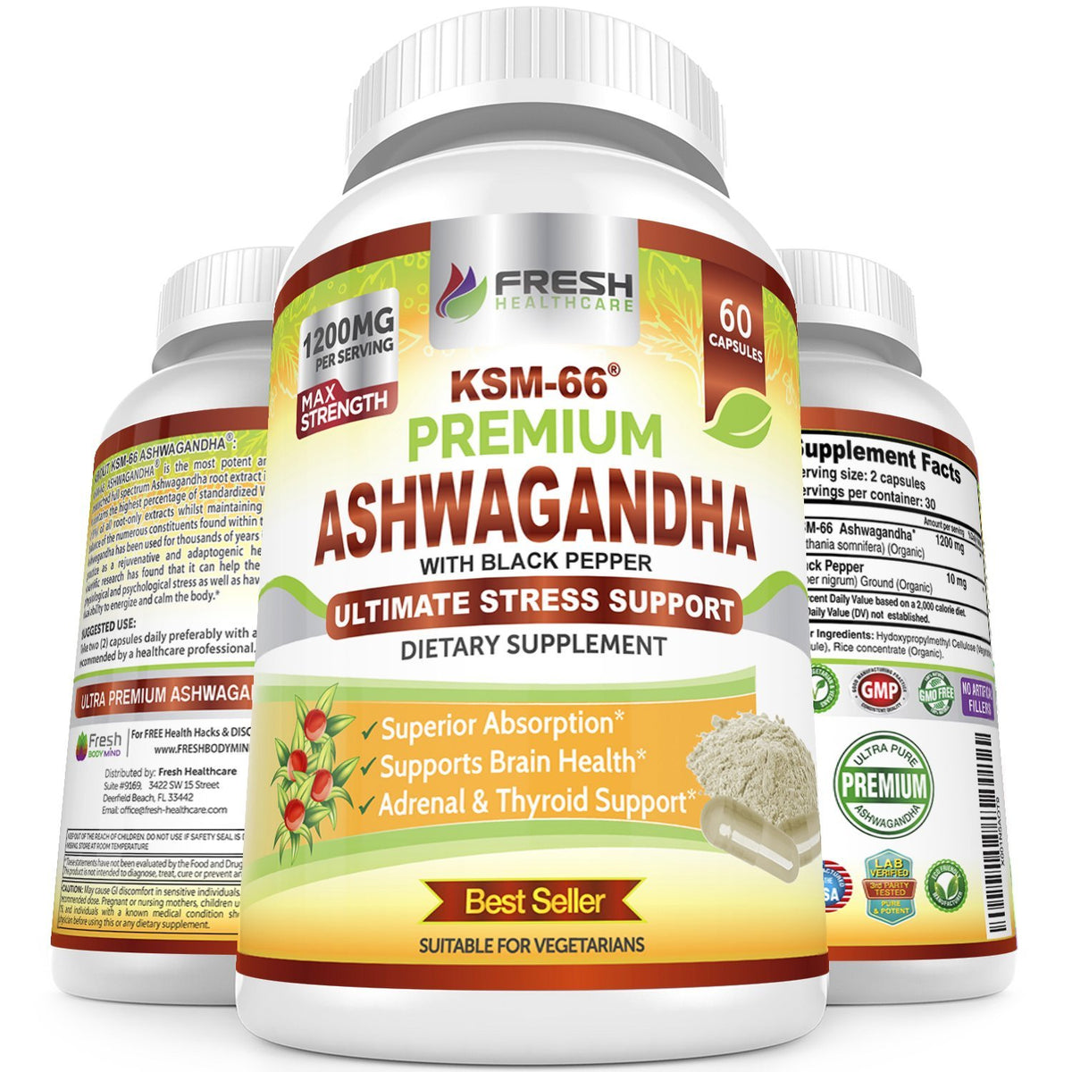 Ashwagandha Capsules 1200mg Root Extract with Black Pepper 60 Vegan Capsules E877523
