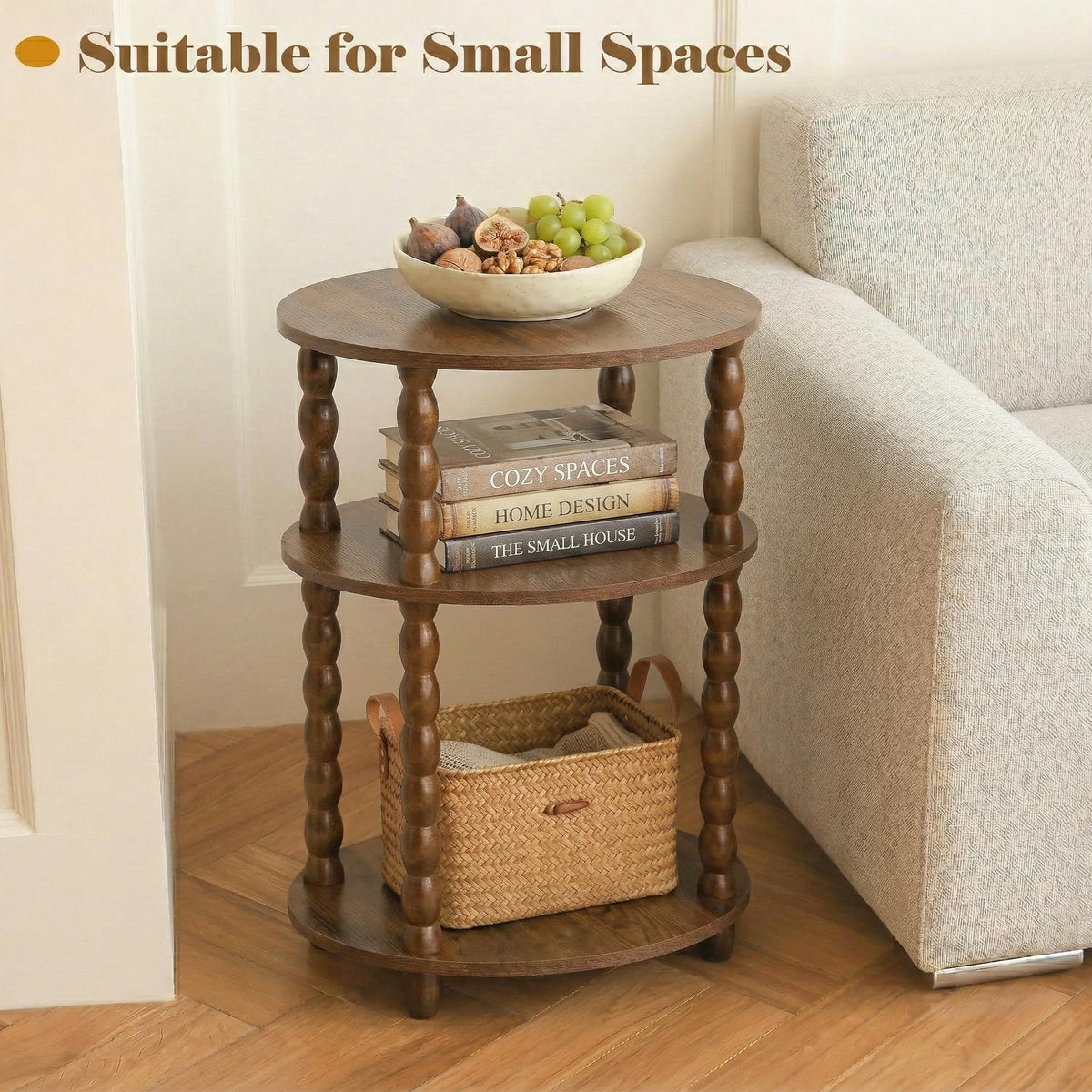 3-Tier Oval Side Table with Solid Wood Spindle Legs W820