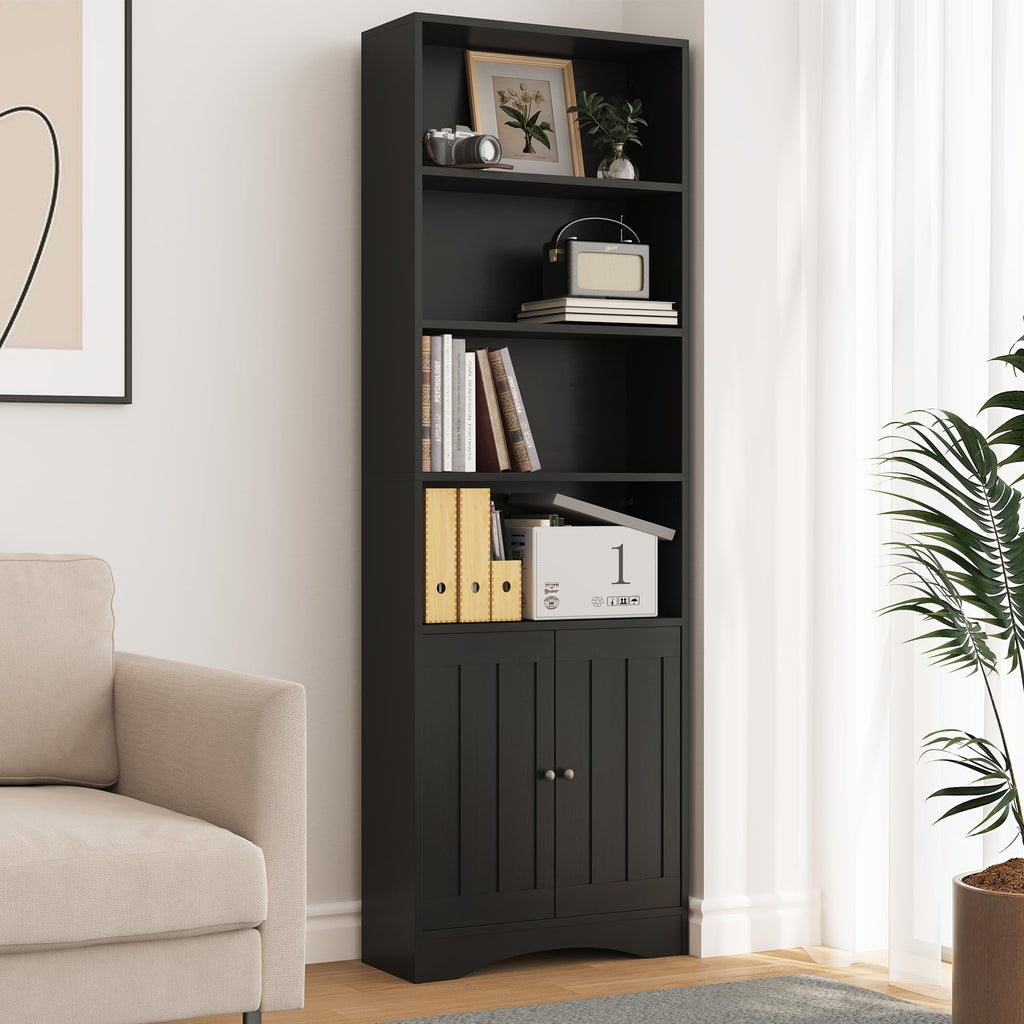 71''H 6-Shelf Black Bookcase with Doors W67237