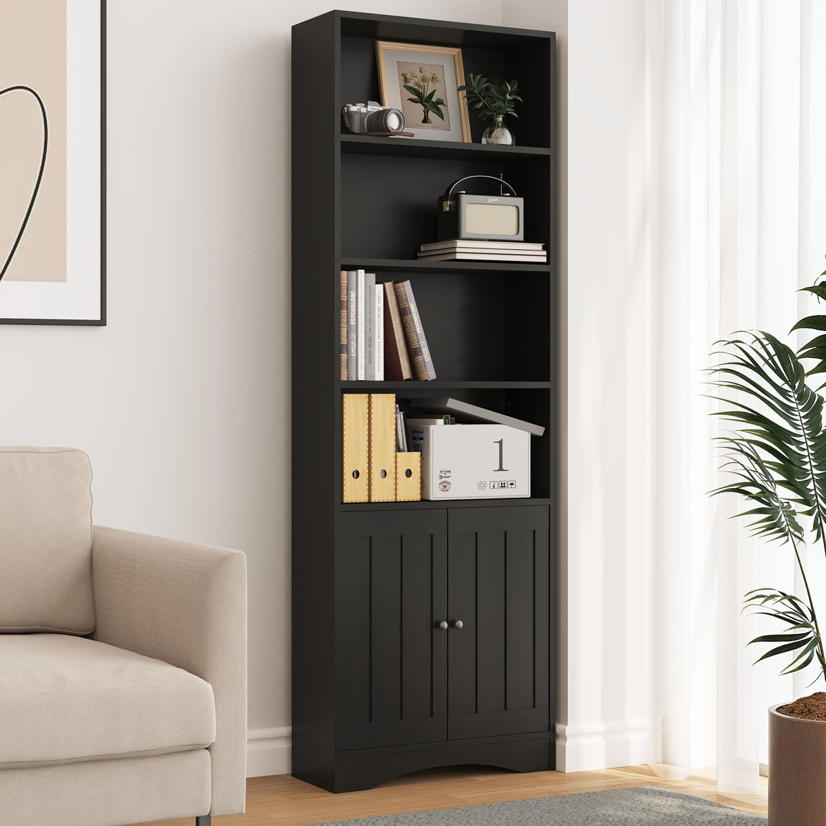 71''H 6-Shelf Black Bookcase with Doors W67237