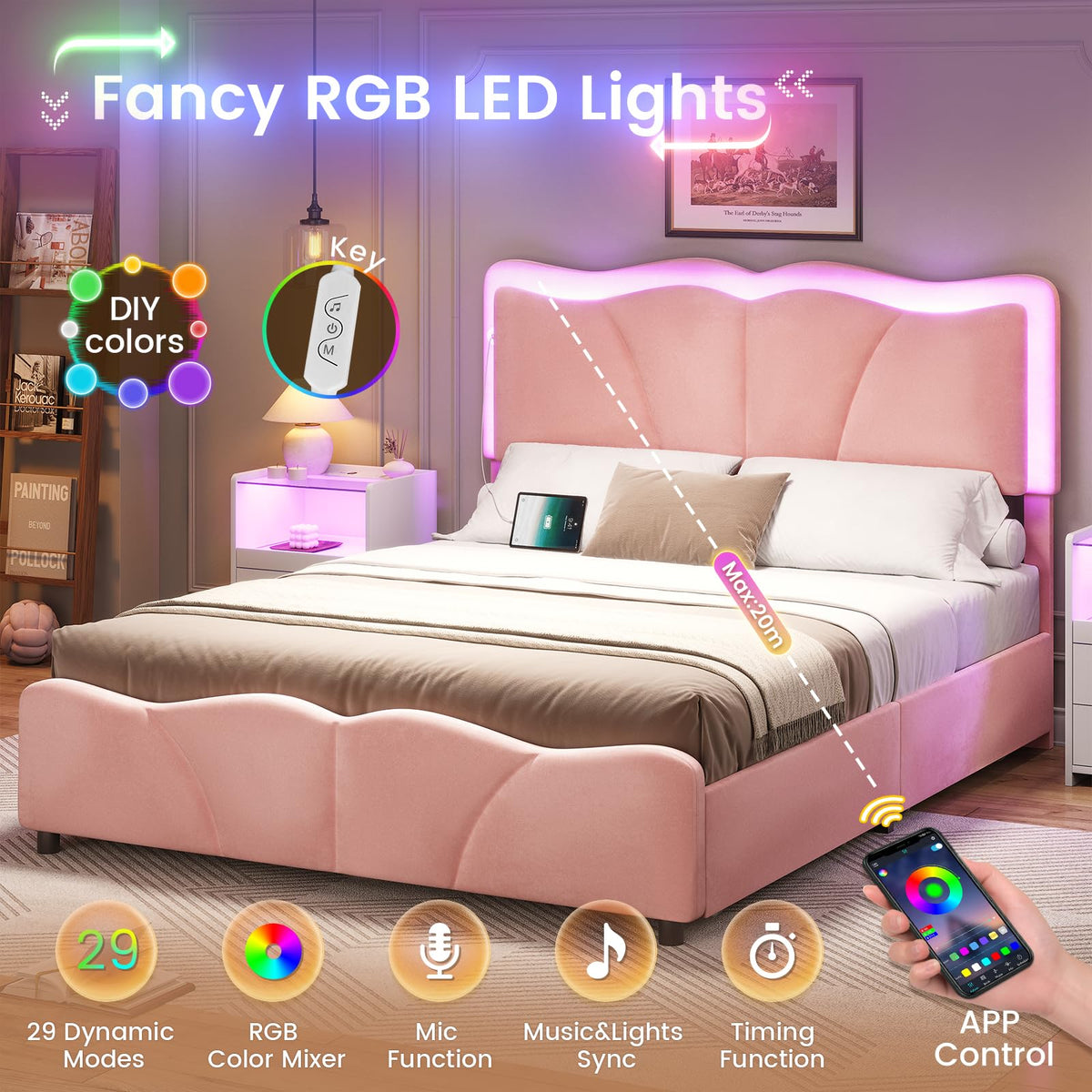 Pink Velvet Upholstered Platform Bed Frame with 4 Storage Drawers V49291