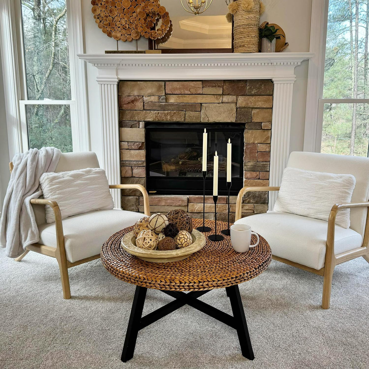 32 Inch Round Handwoven Seagrass Coffee Table with Pine Wood X Base K896