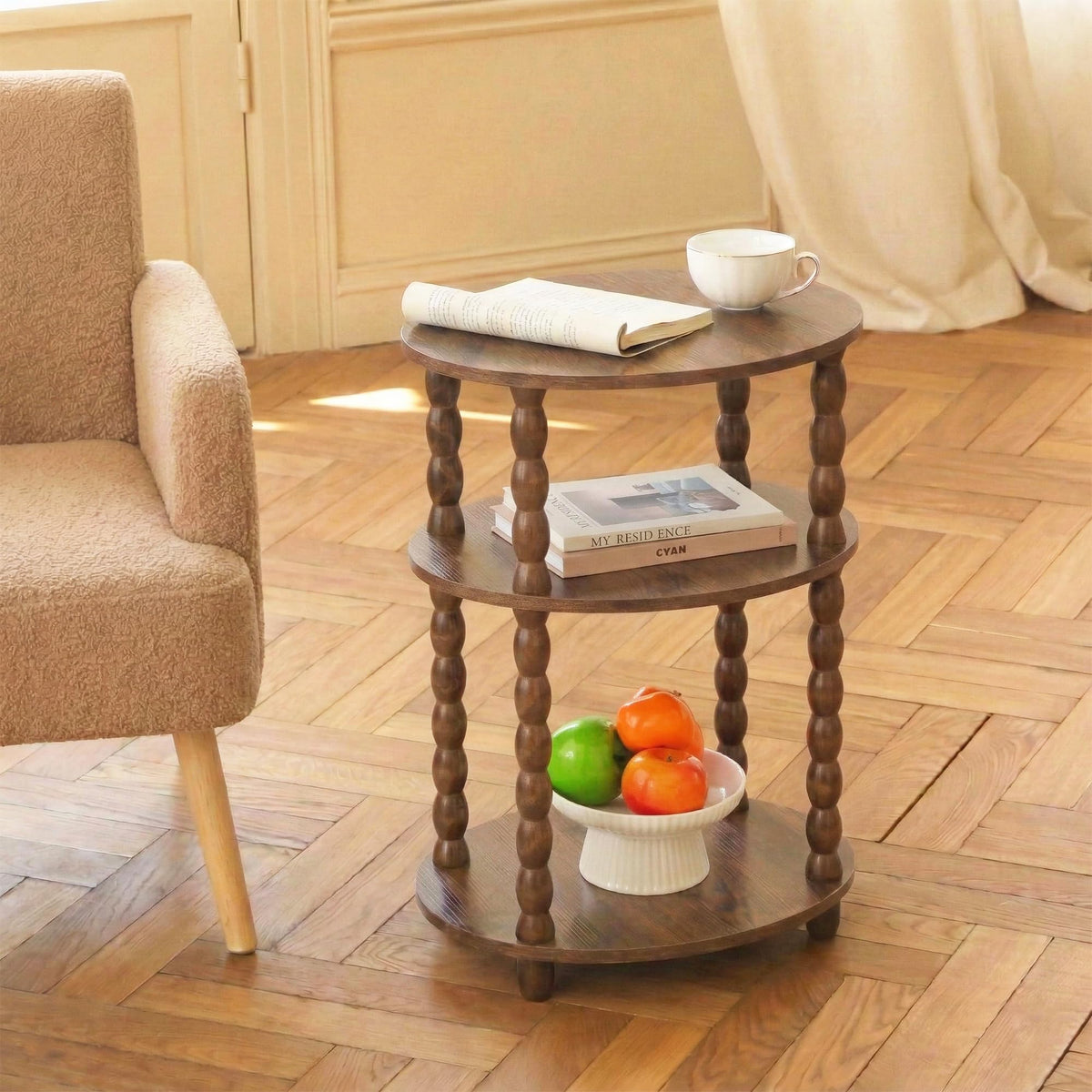 3-Tier Oval Side Table with Solid Wood Spindle Legs W820