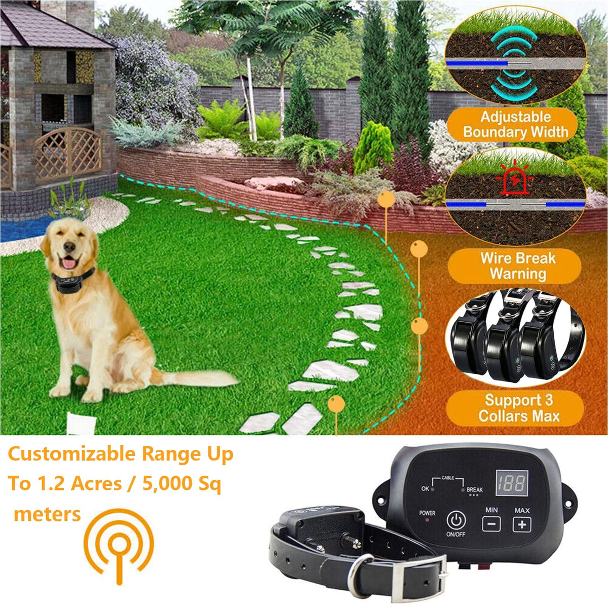 Electric Dog Fence, Aboveground Underground Pet Containment System, Covers up to 3/4 Acre, Waterproof Rechargeable Training Collar, Shock Tone Correction C837