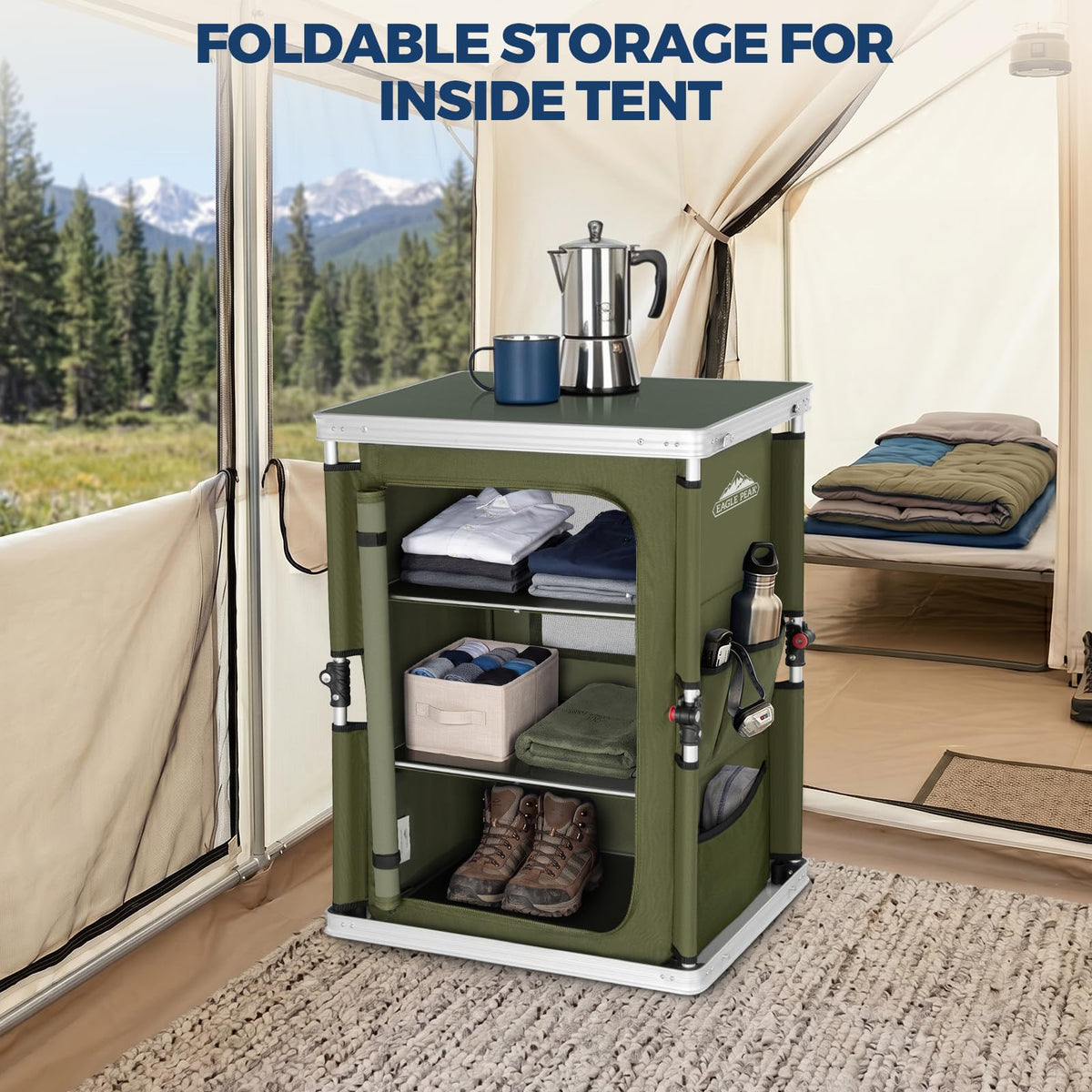 Green Portable Aluminum Folding Camping Table with Storage Organizer K38351