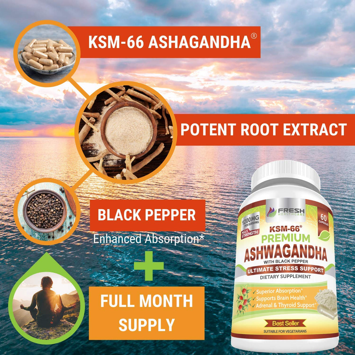 Ashwagandha Capsules 1200mg Root Extract with Black Pepper 60 Vegan Capsules E877523