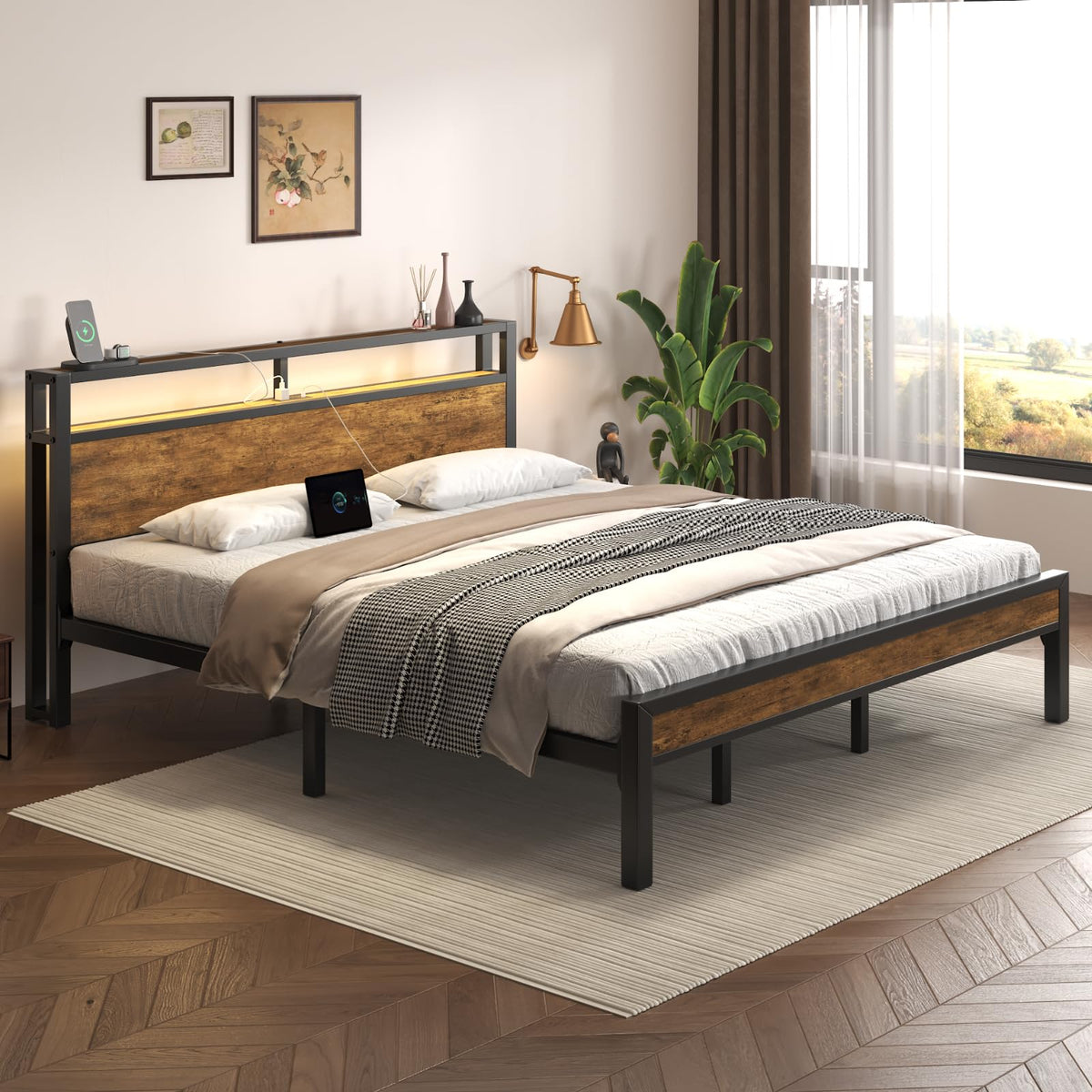 King Size Bed Frame with LED Light and Charging Station U425