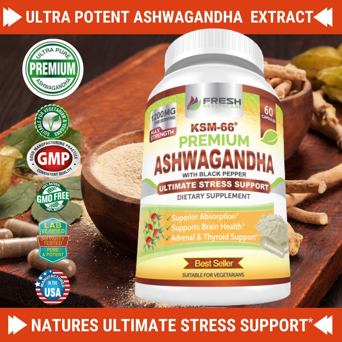 Ashwagandha Capsules 1200mg Root Extract with Black Pepper 60 Vegan Capsules E877523
