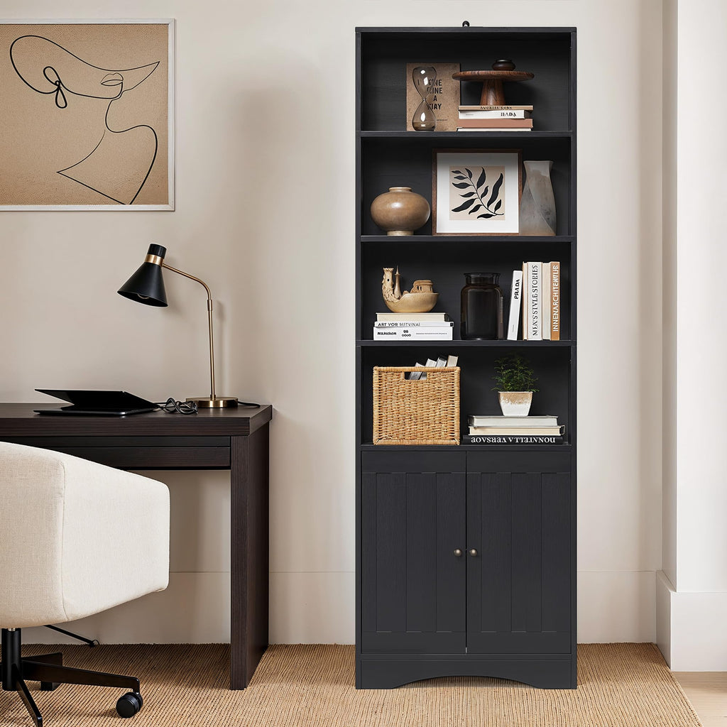 71''H 6-Shelf Black Bookcase with Doors W67237