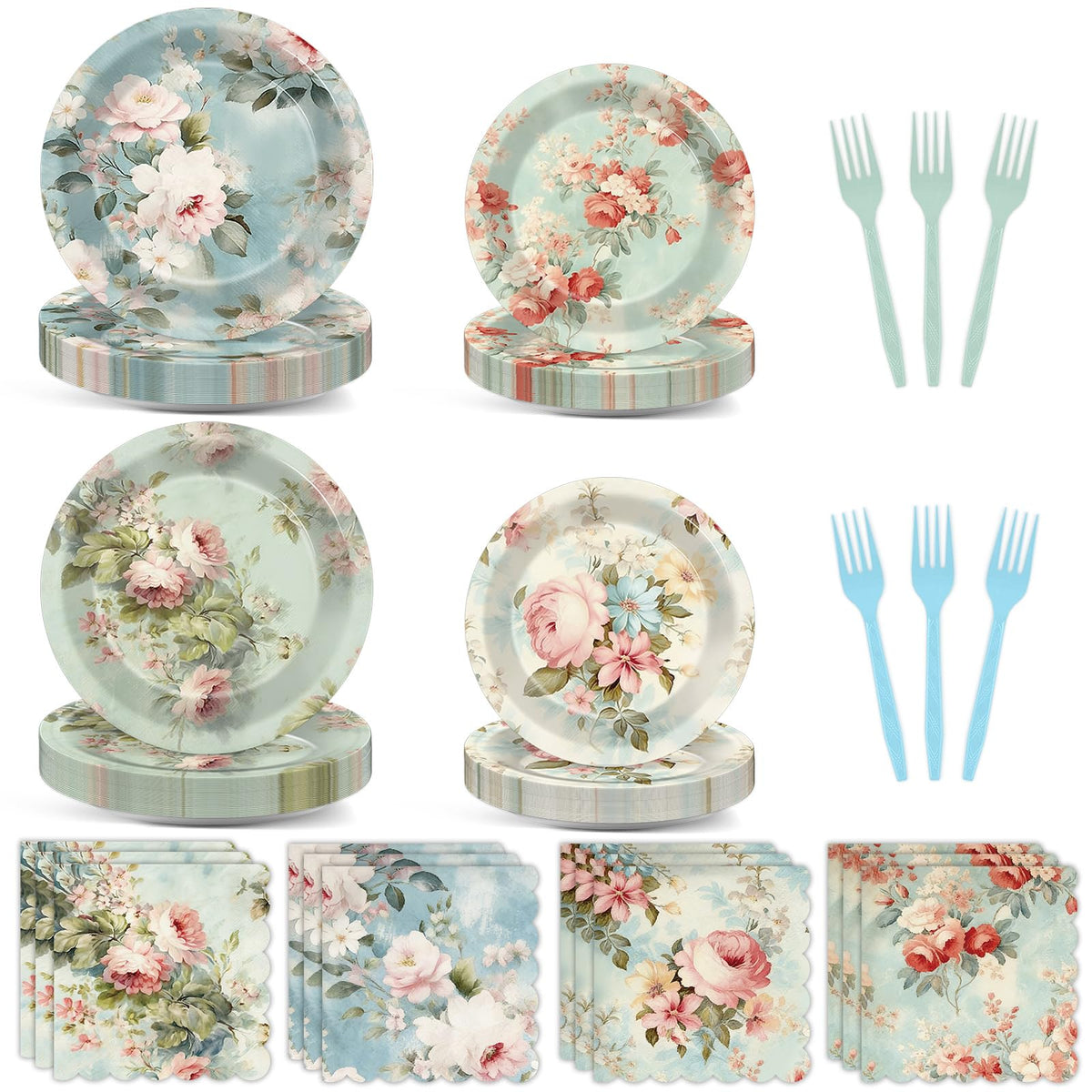 96Pcs Vintage Paper Plates and Napkins Set W379