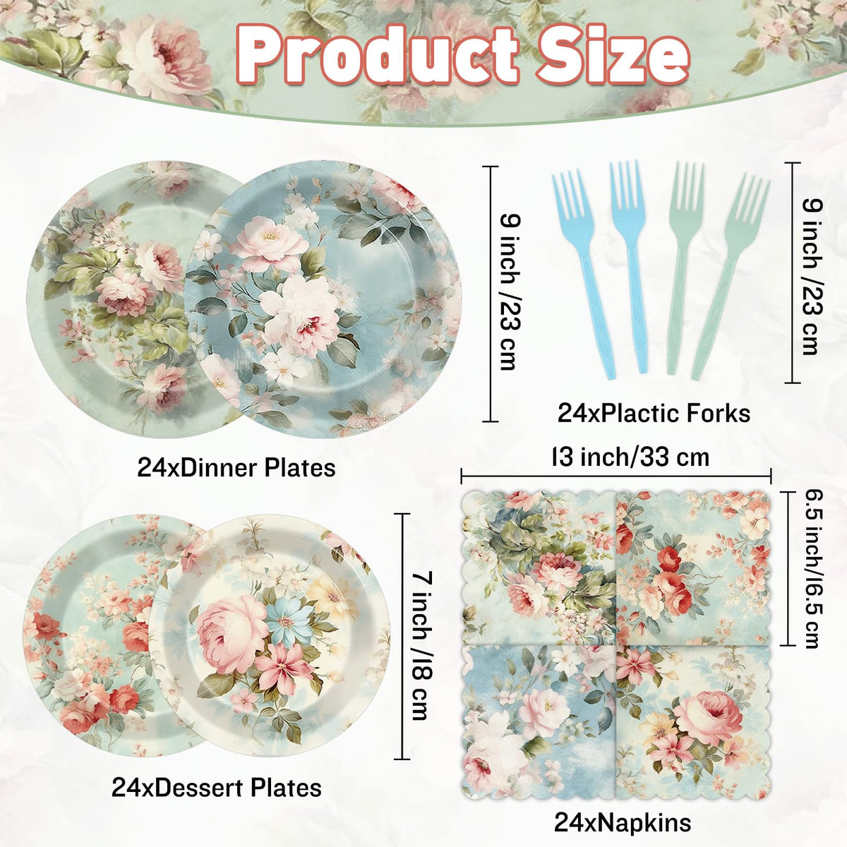 96Pcs Vintage Paper Plates and Napkins Set W379