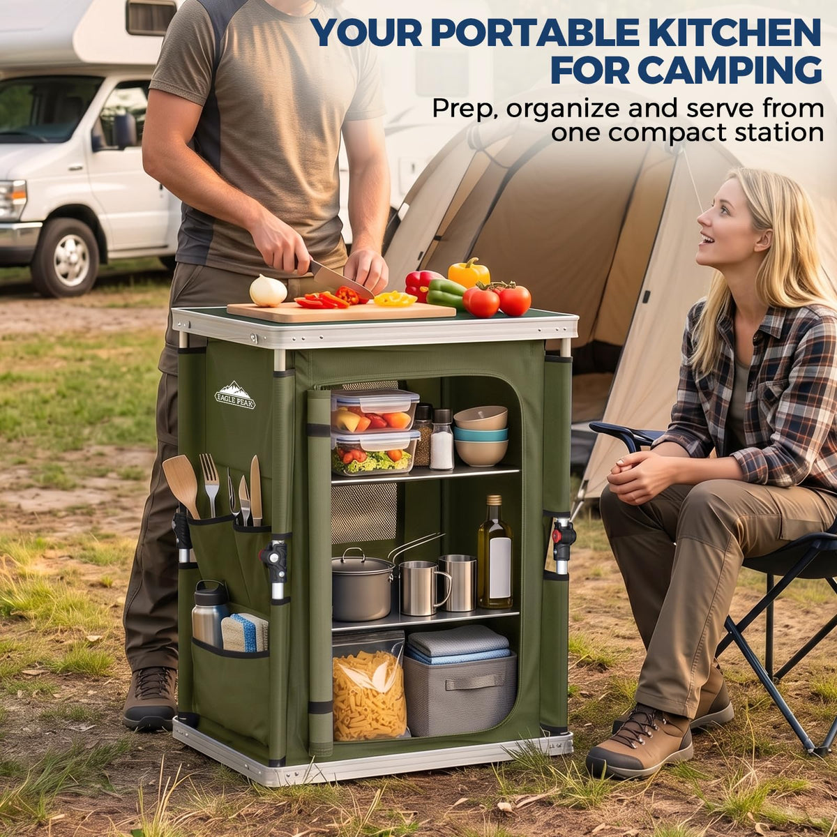 Green Portable Aluminum Folding Camping Table with Storage Organizer K38351