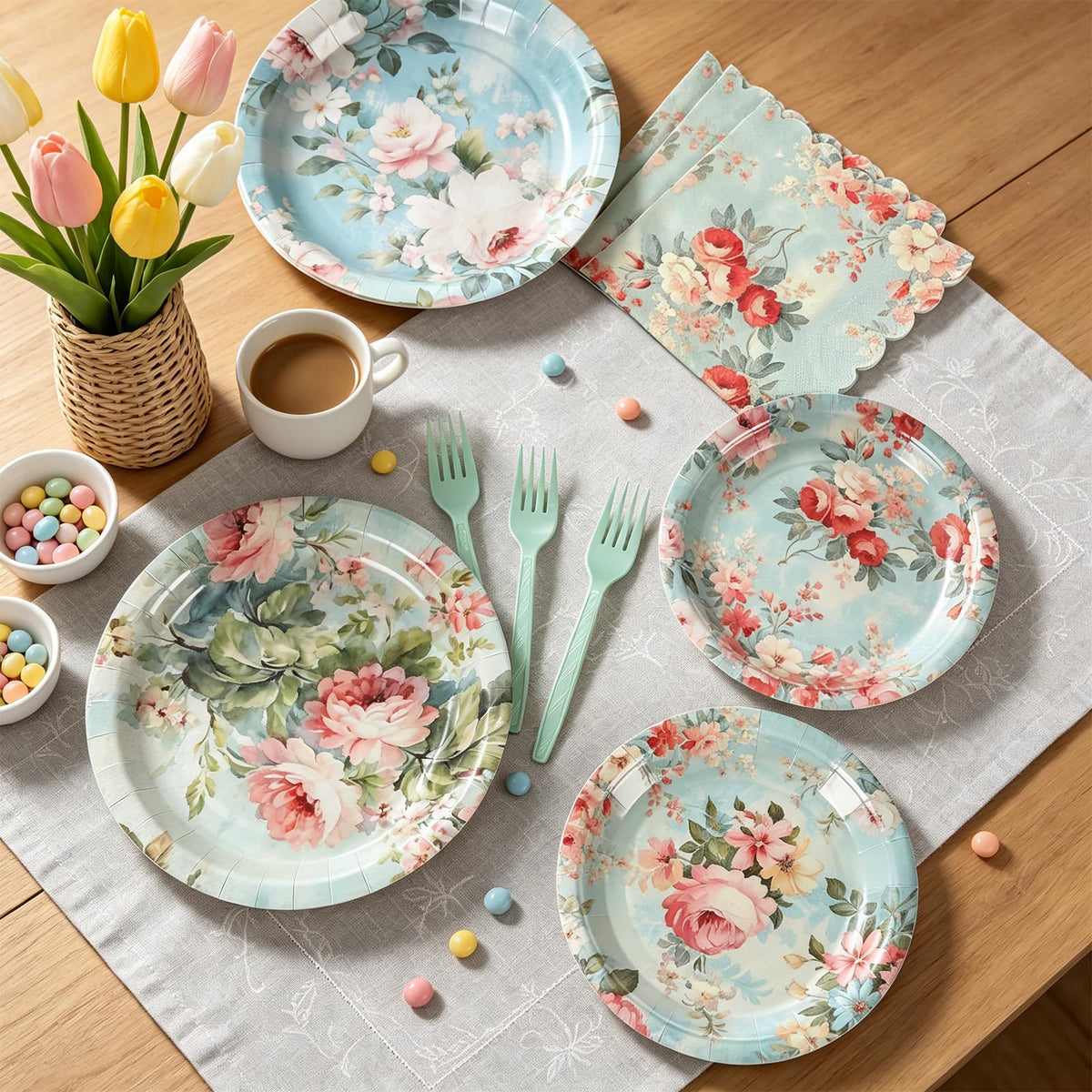 96Pcs Vintage Paper Plates and Napkins Set W379