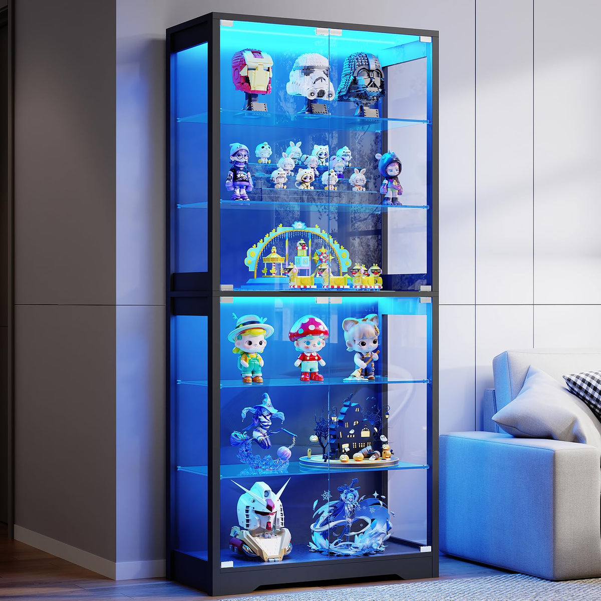 71" Tall Display Cabinet with Glass Door and 3-Color Lights, Black K12874