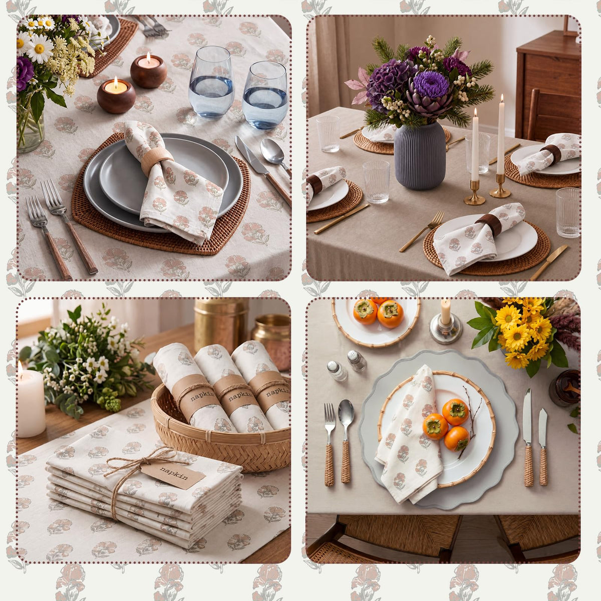 Linen Floral Cloth Napkins Set of 12 O215