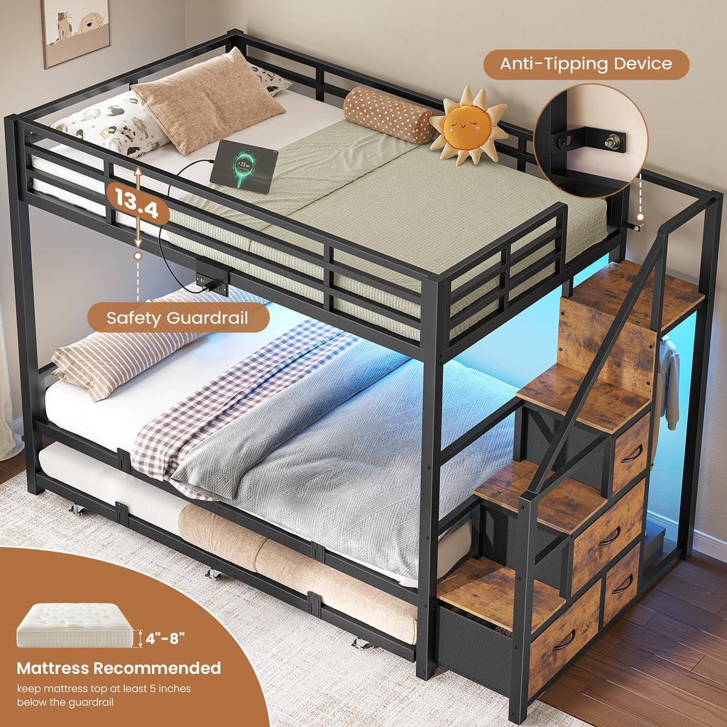 Twin Over Twin Metal Bunk Bed with Trundle and Staircase, Black F118