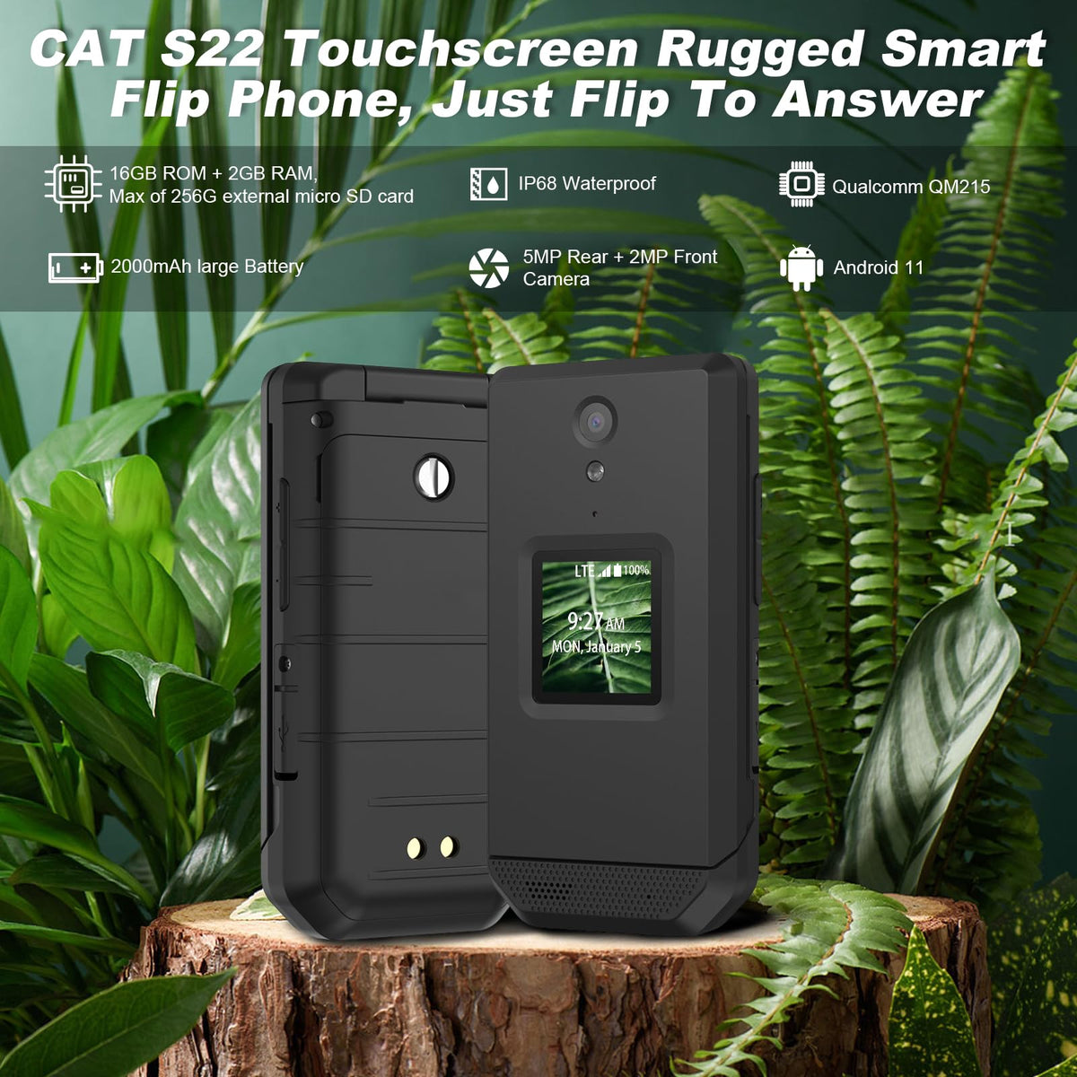 Unlocked Rugged Flip Phone 16GB 2.8'' Touchscreen Android 11 IP68 Water Resistant 4G LTE GSM Single Sim Black O24775