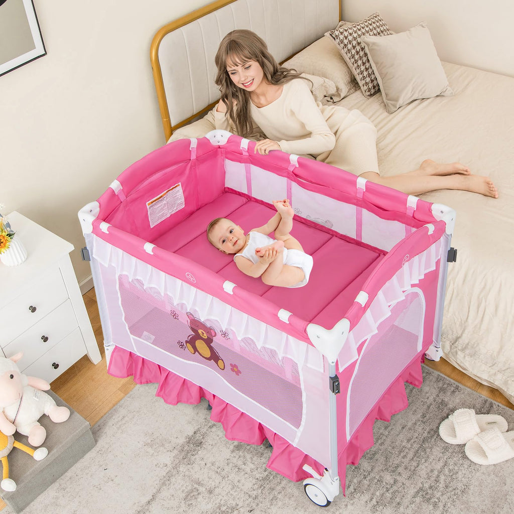 4-in-1 Pack and Play with Canopy, Changing Table and Bassinet, Hot Pink T49266