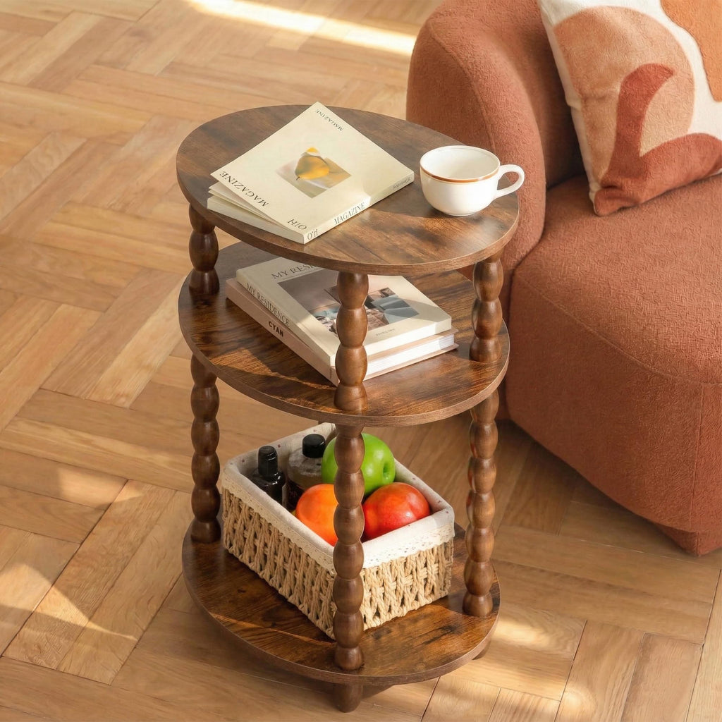 3-Tier Oval Side Table with Solid Wood Spindle Legs W820