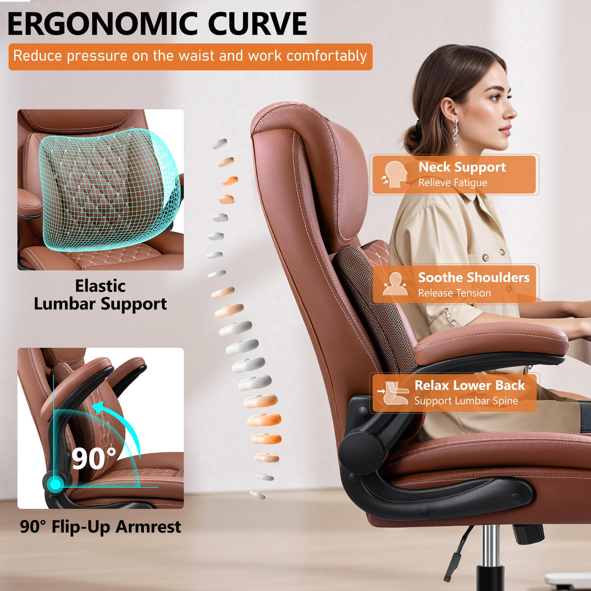 Brown Ergonomic Leather Office Chair with Lumbar Support G44955