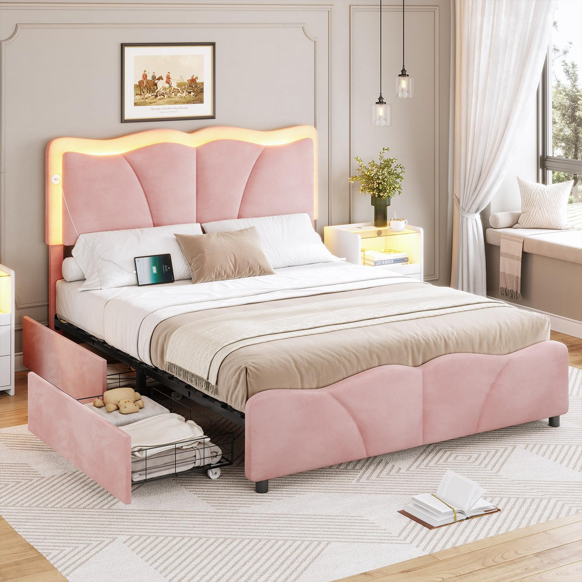 Pink Velvet Upholstered Platform Bed Frame with 4 Storage Drawers V49291