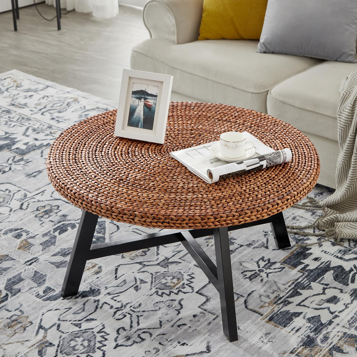 32 Inch Round Handwoven Seagrass Coffee Table with Pine Wood X Base K896