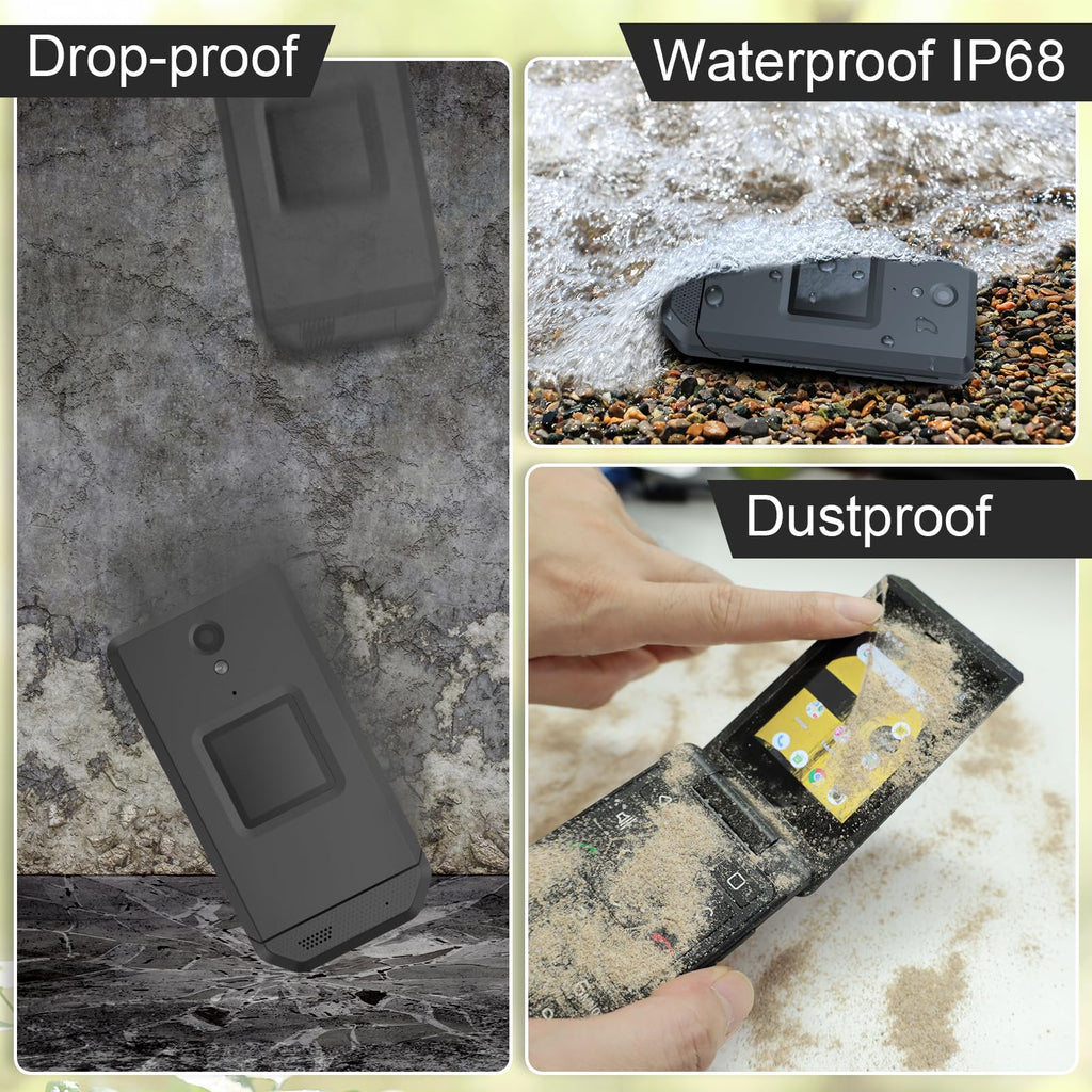 Unlocked Rugged Flip Phone 16GB 2.8'' Touchscreen Android 11 IP68 Water Resistant 4G LTE GSM Single Sim Black O24775