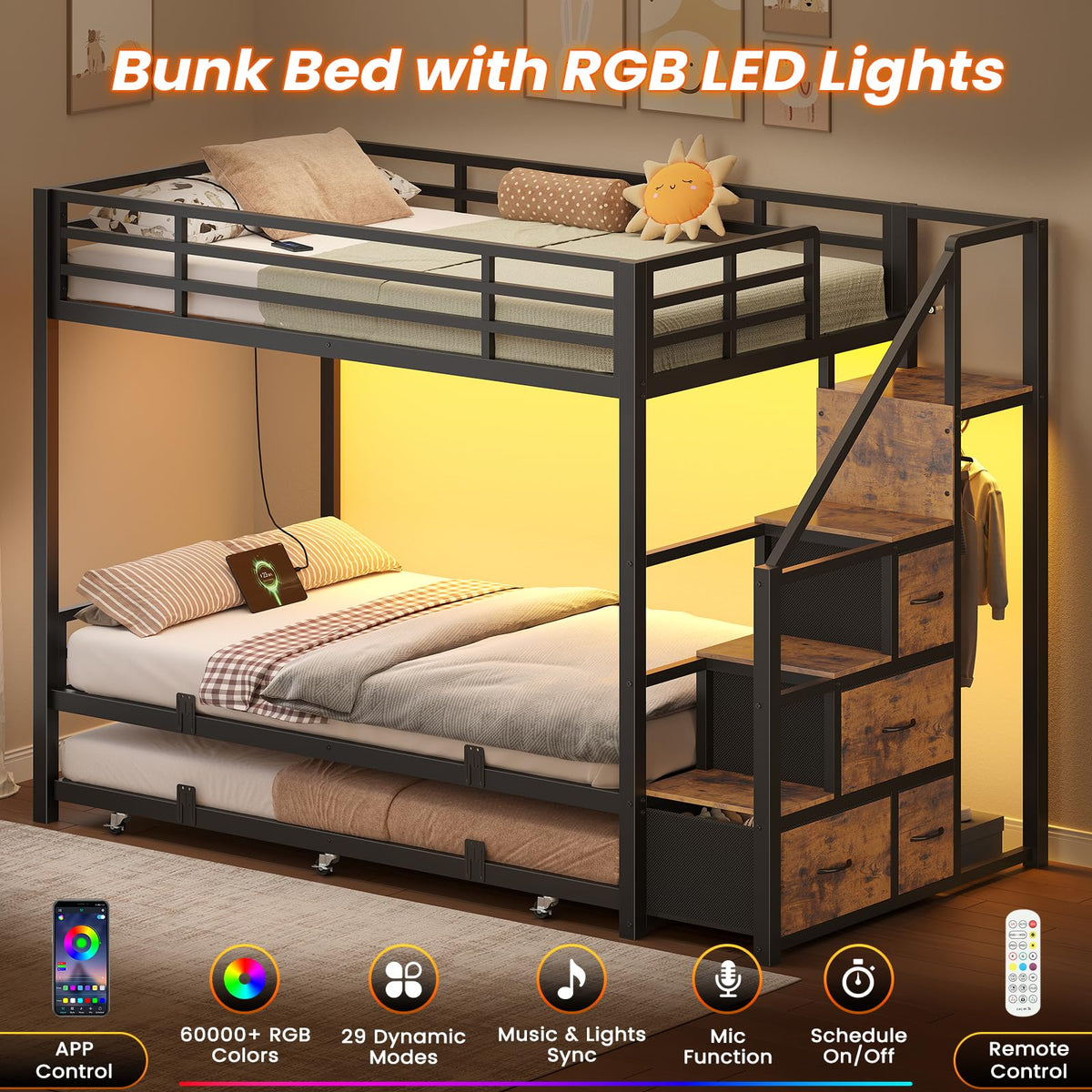 Twin Over Twin Metal Bunk Bed with Trundle and Staircase, Black F118