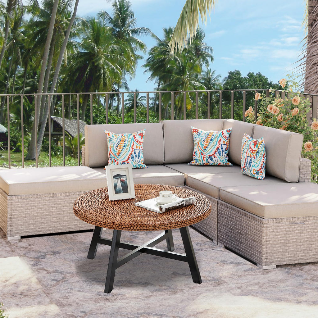 32 Inch Round Handwoven Seagrass Coffee Table with Pine Wood X Base K896