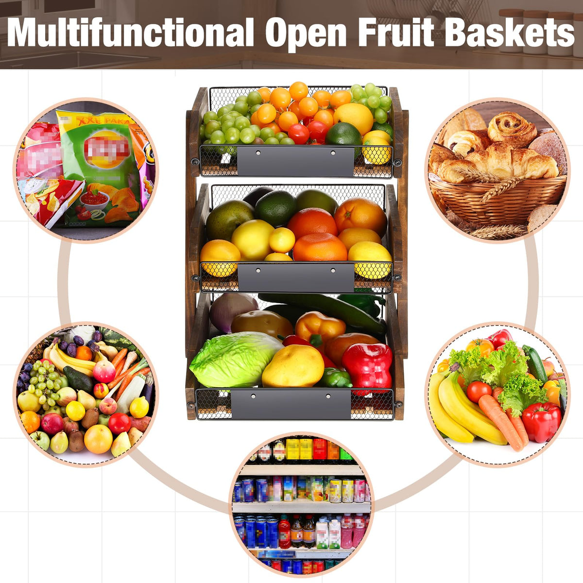 3 Tier Wooden Fruit Basket with Banana Hangers J97691