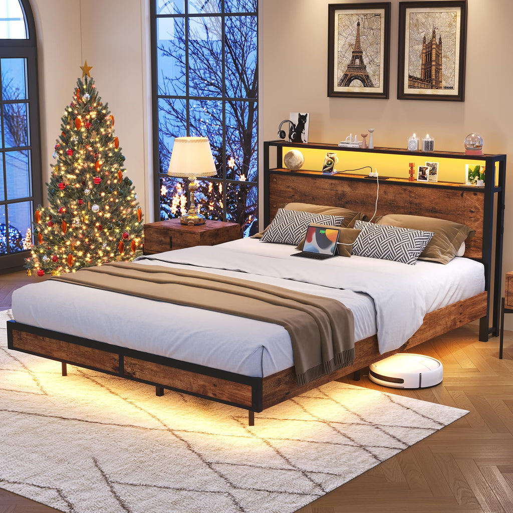 Queen Size Metal Platform Bed Frame with Storage Headboard M8759
